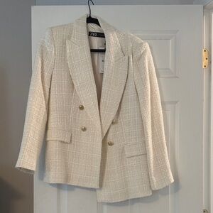 Zara Cream Tweed Double-Breasted Blazer with Gold Buttons